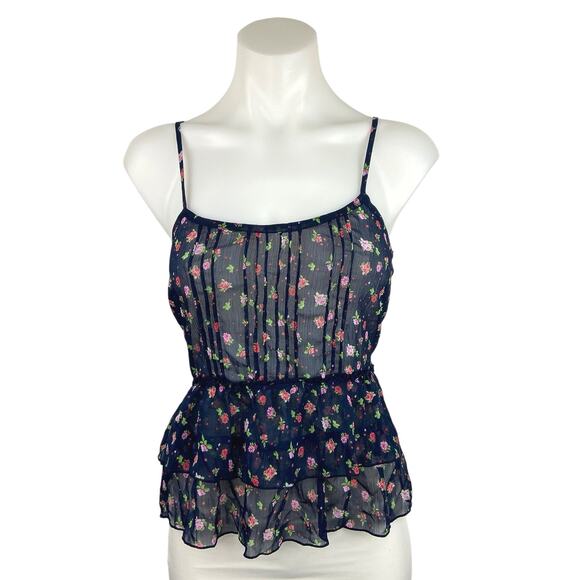 Aeropostale Navy Blue Floral Print Spaghetti Strap Peplum Camisole Tank Top Sz S - Picture 1 of 5
